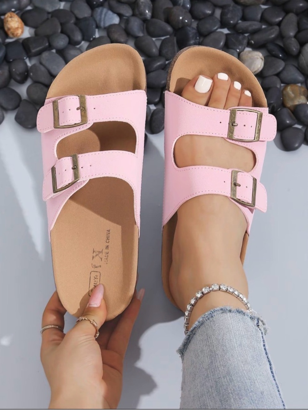 Pink Double-Buckle Cork Footbed Sandals - Picture 3 of 10